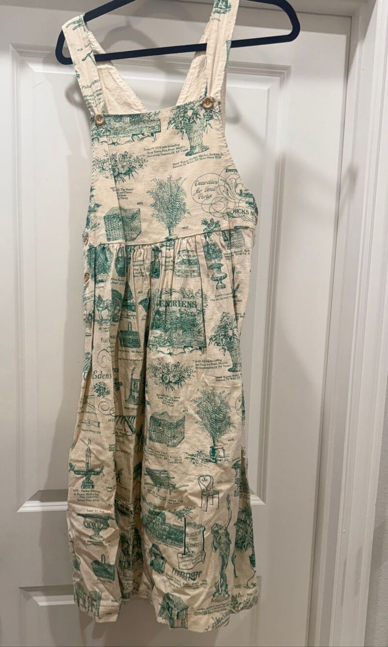 Green White Toile De Jouy Print Linen Overall Jumpsuit Cottagecore Romper S